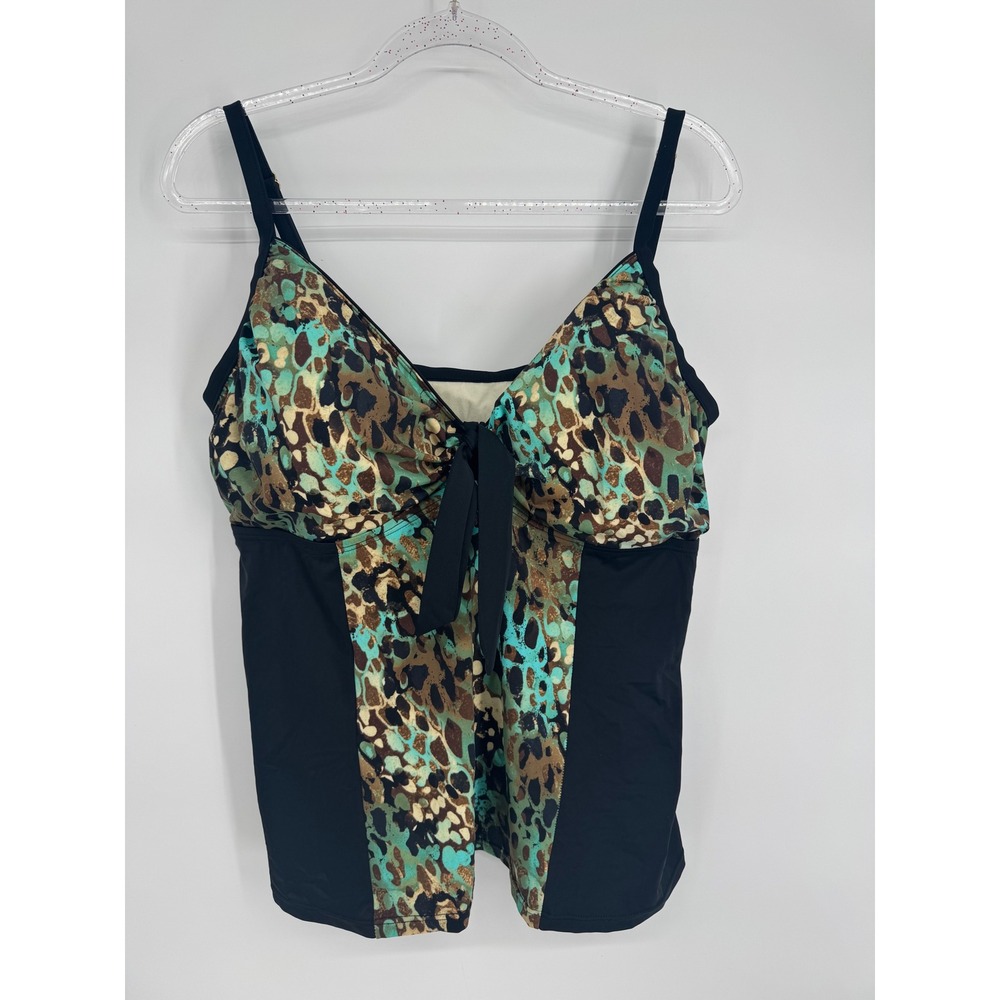 A Shore Fit Womens Animal Print Tankini Swim Top Turquoise Black Sz 24W